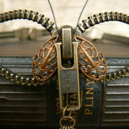 Steampunk Choker Necklace - Zipper Necklace - Moth..