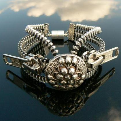 Silver Steampunk Button Zipper Cuff Bracelet -..