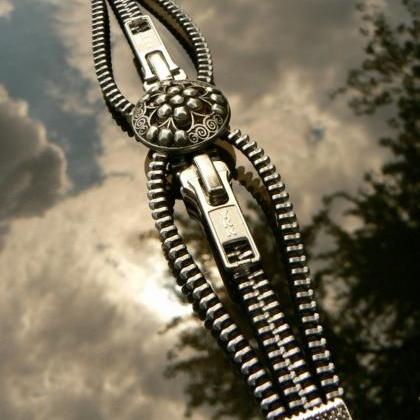 Silver Steampunk Button Zipper Cuff Bracelet -..