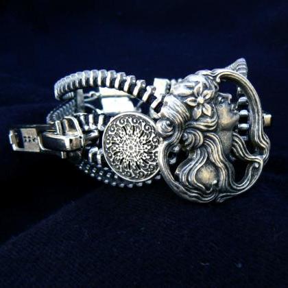 Silver Steampunk Bracelet - Zipper Bracelet - Cuff..