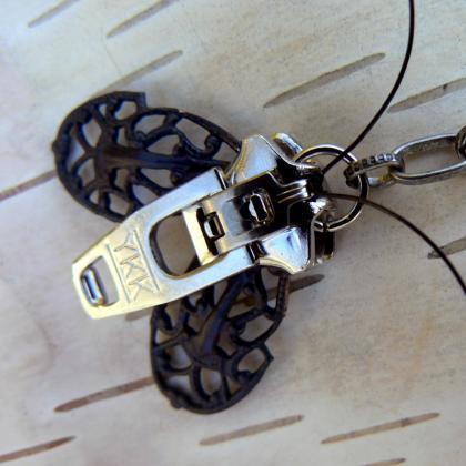 Goth Moth Zipper Earrings - Steampunk Moth Zipper..