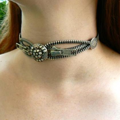 Steampunk Choker Necklace - Zipper Choker Necklace..