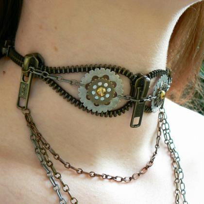Steampunk Choker Necklace - Zipper Choker Necklace..