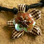 Macramed Cotton Necklace With Plaid Flower Pendant..