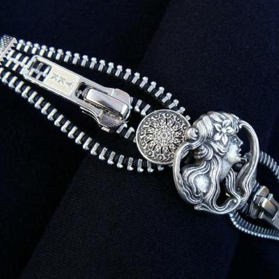 Silver Steampunk Bracelet - Zipper Bracelet - Cuff Bracelet - Renaissance Bracelet