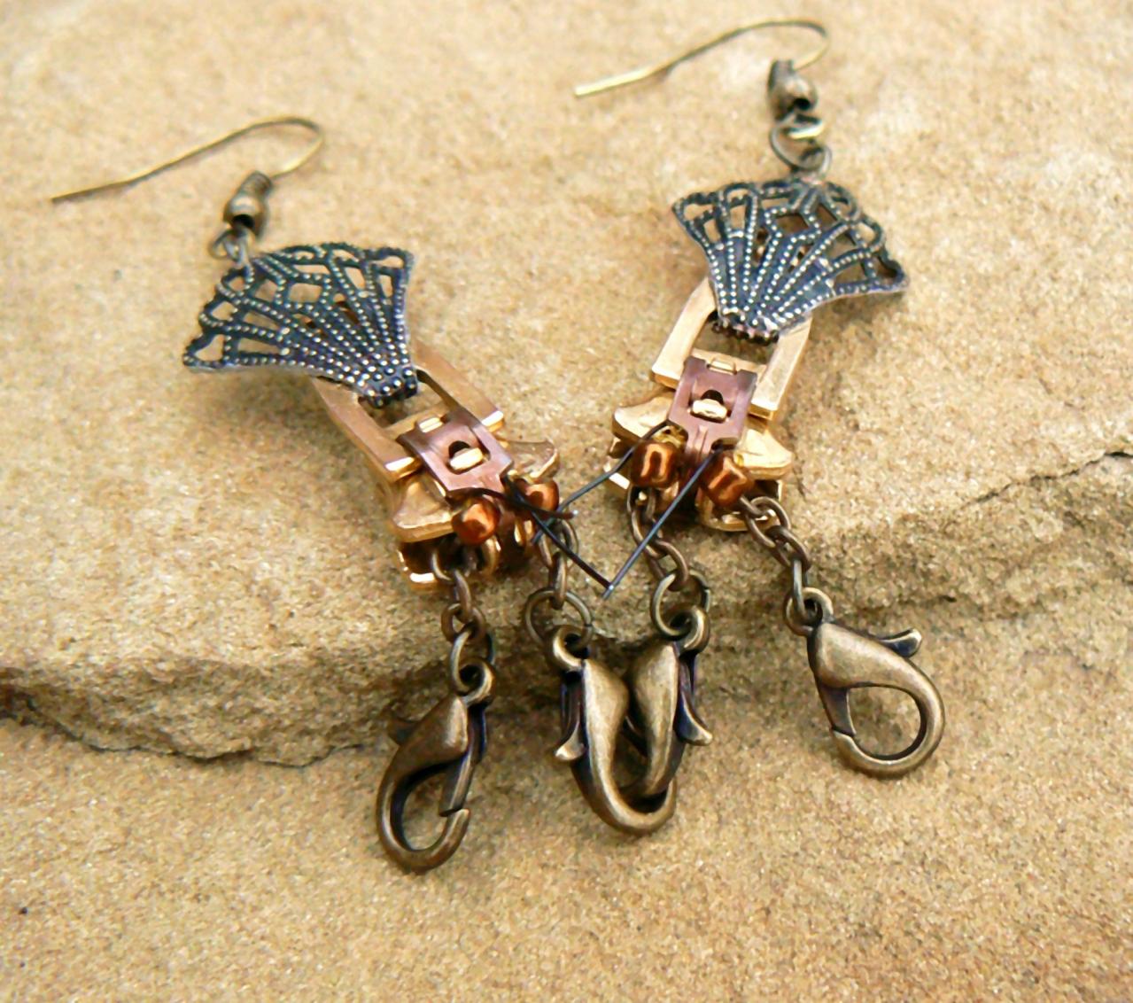 Steampunk Earrings - Zipper Earrings - Crawdad Earrings