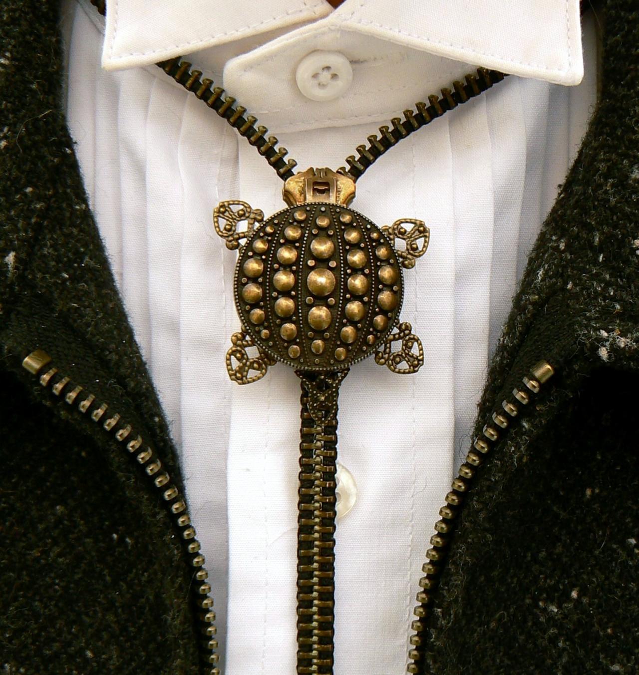 Steampunk Necklace - Zipper Necklace - Turtle Necklace