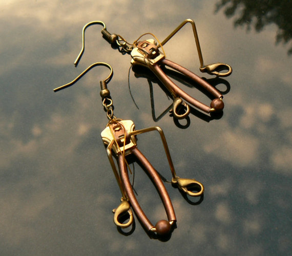 Steampunk Earrings - Zipper Earrings - Grasshopper Earrings