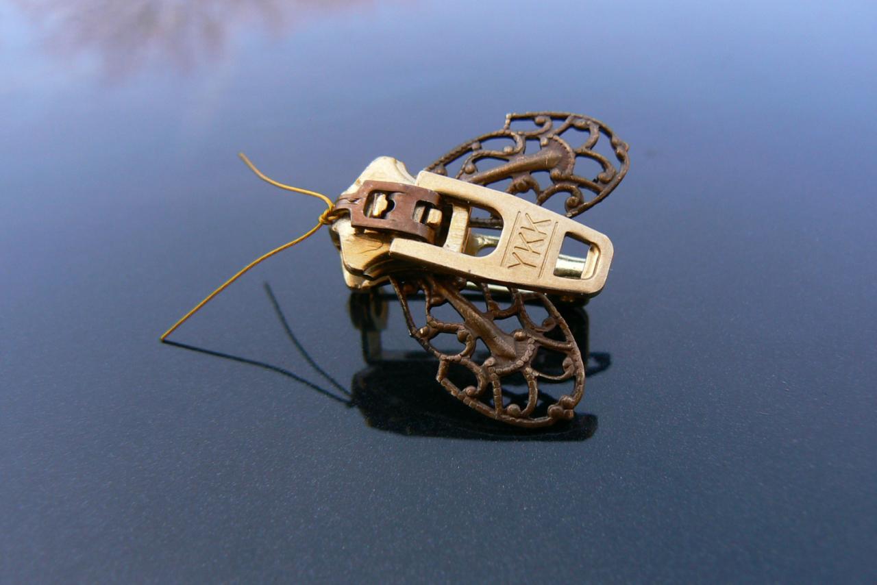 Steampunk Brooch - Zipper Brooch - Moth Brooch