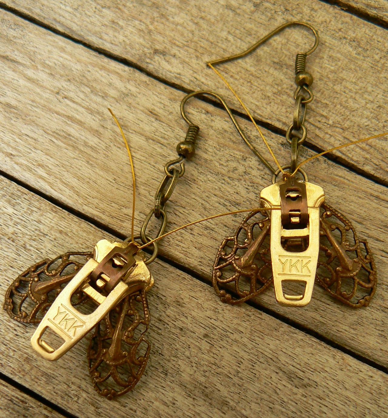 Steampunk Earrings - Zipper Earrings - Moth Earrings - Dangle Earrings