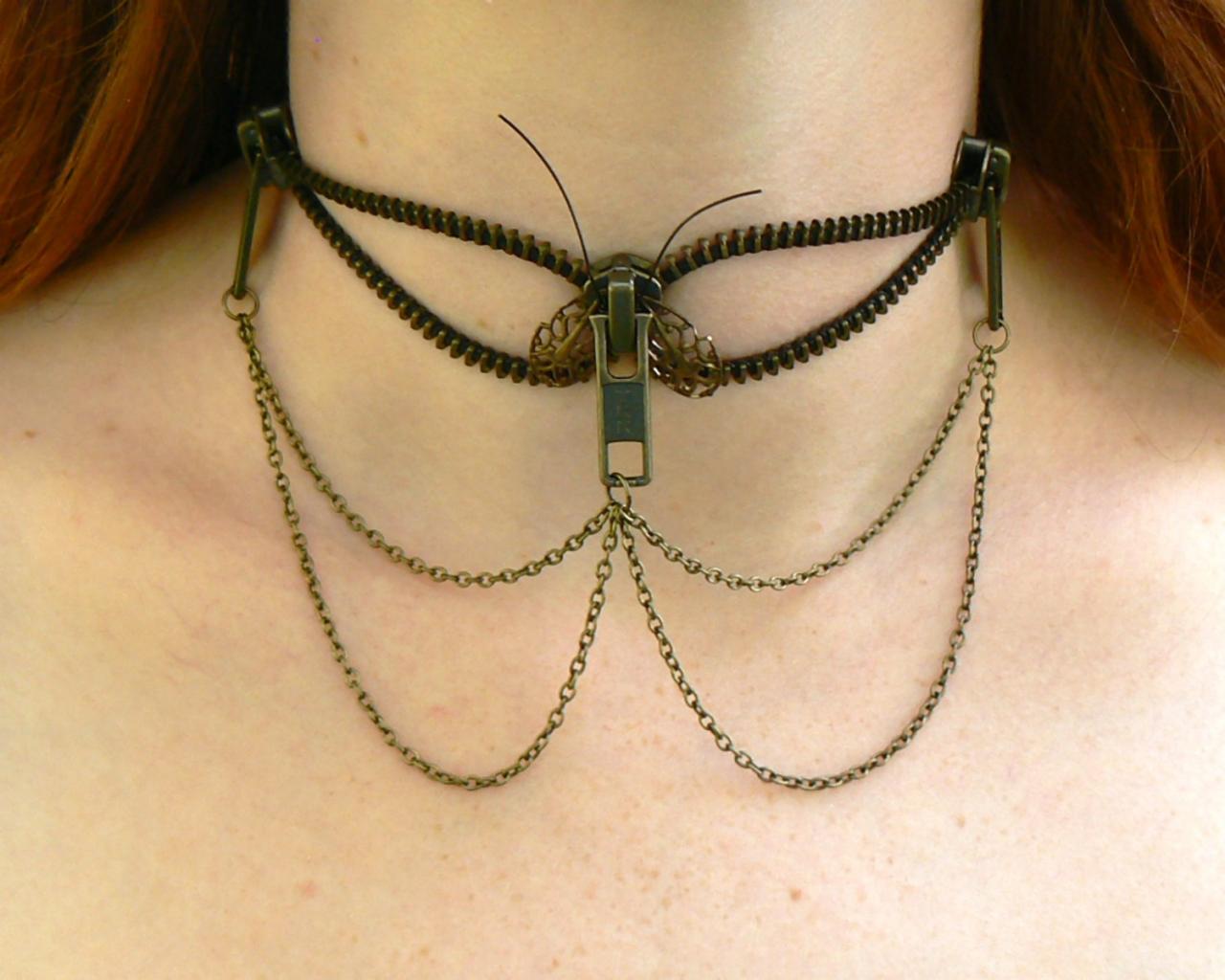 Steampunk Choker Necklace - Zipper Necklace - Moth Choker
