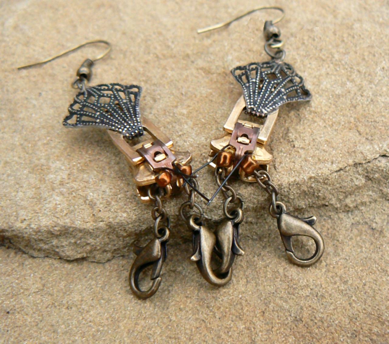 Steampunk Earrings - Zipper Earrings - Dangle Earrings - Crawdad Earrings