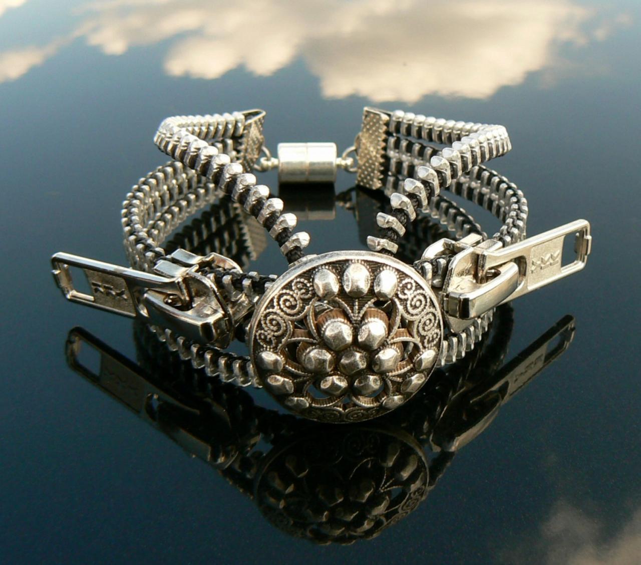 Silver Steampunk Button Zipper Cuff Bracelet - Industrial Bracelet