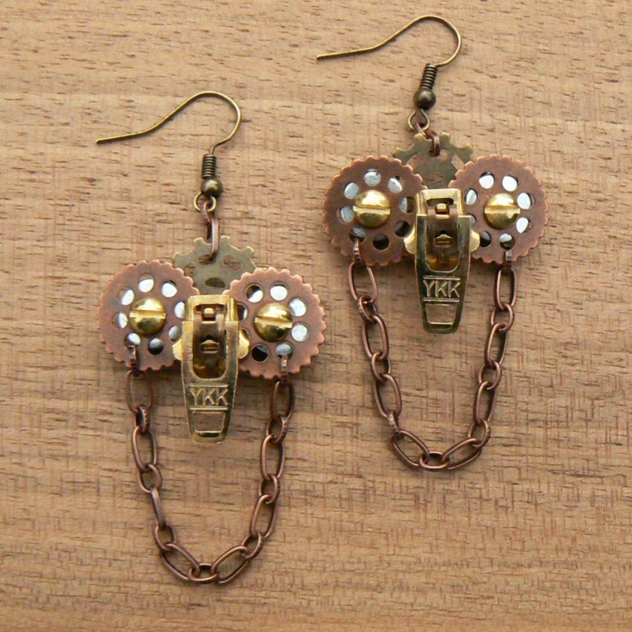 Steampunk Earrings - Zipper Earrings - Dangle Earrings - Owl Earrings