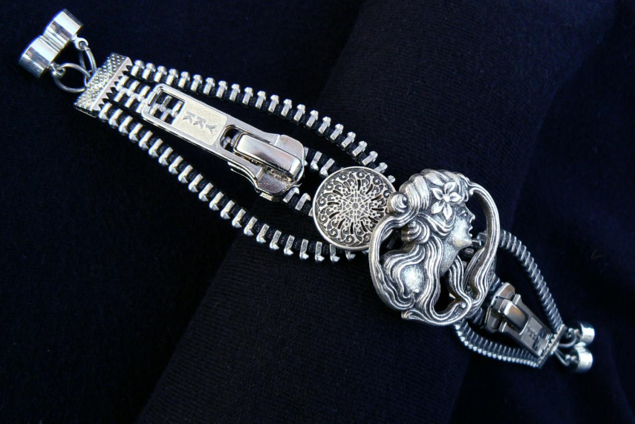 Silver Steampunk Bracelet - Zipper Bracelet - Cuff Bracelet - Renaissance Bracelet