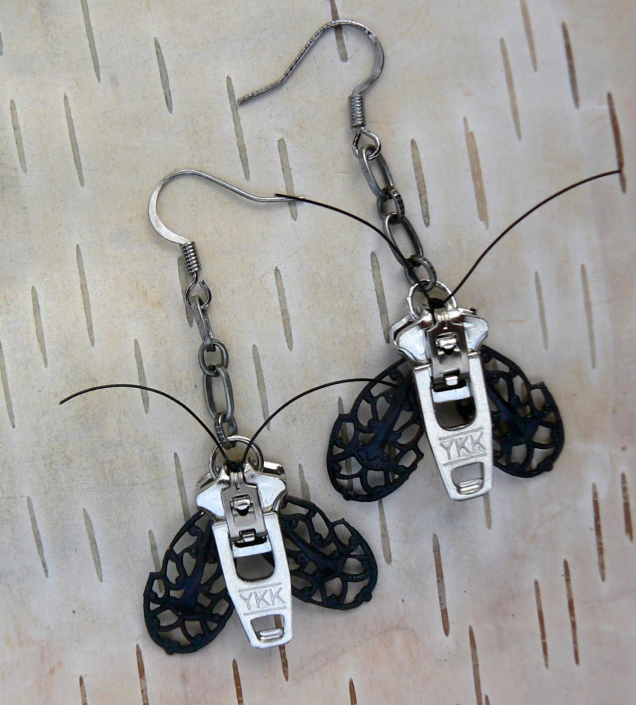 Goth Moth Zipper Earrings - Steampunk Moth Zipper Earrings - Dangle Earrings