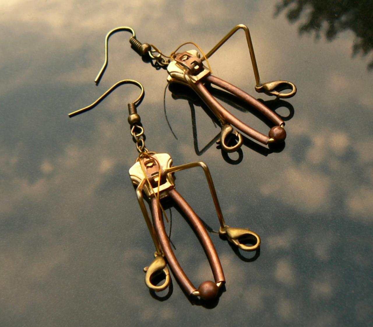 Steampunk Earrings - Zipper Earrings - Art Deco Earrings - Grasshopper Earrings