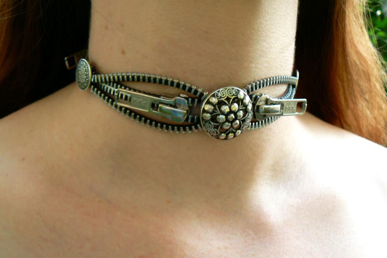 Steampunk Choker Necklace - Zipper Choker Necklace - Industrial Choker Necklace - Silver Button Choker Necklace