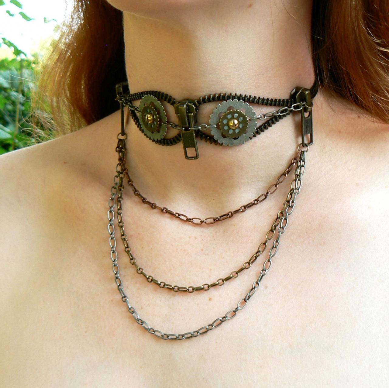 Steampunk Choker Necklace - Zipper Choker Necklace - Owl Choker Necklace