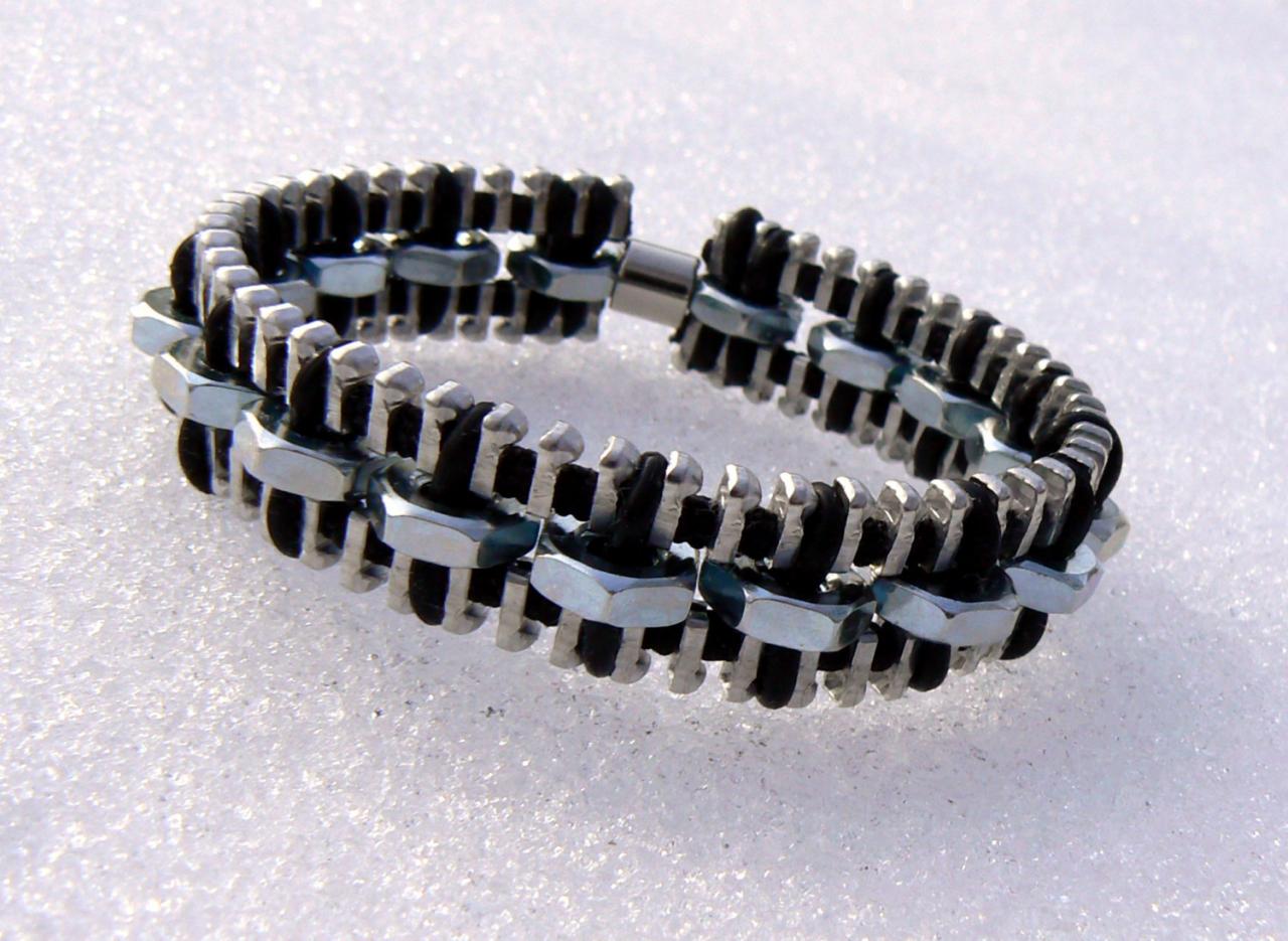 Industrial Bracelet - Zipper Bracelet - Chain Bracelet - Hex Nut Bracelet
