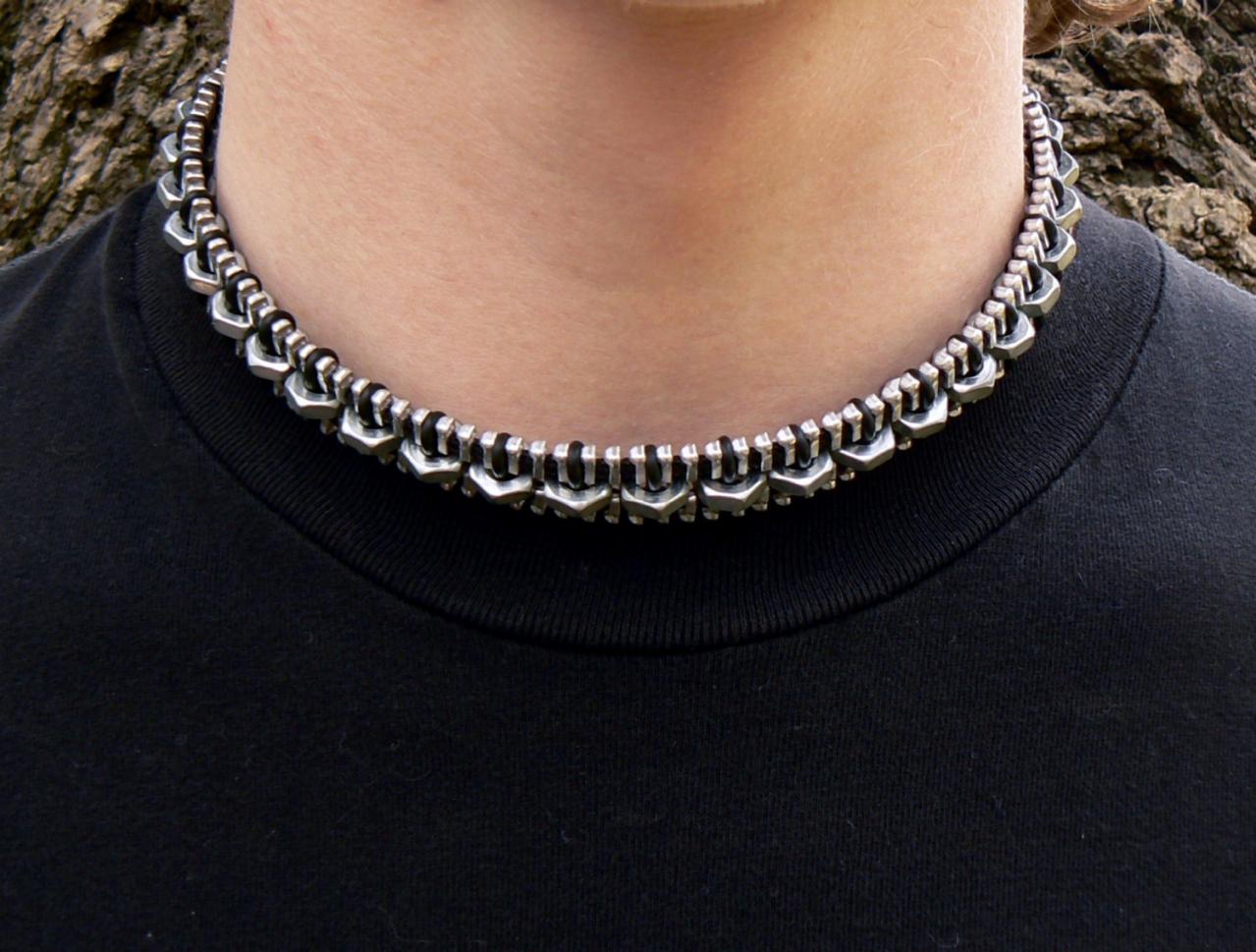 Industrial Choker Necklace - Zipper Choker Necklace - Chain Choker Necklace - Hex Nut Choker Necklace