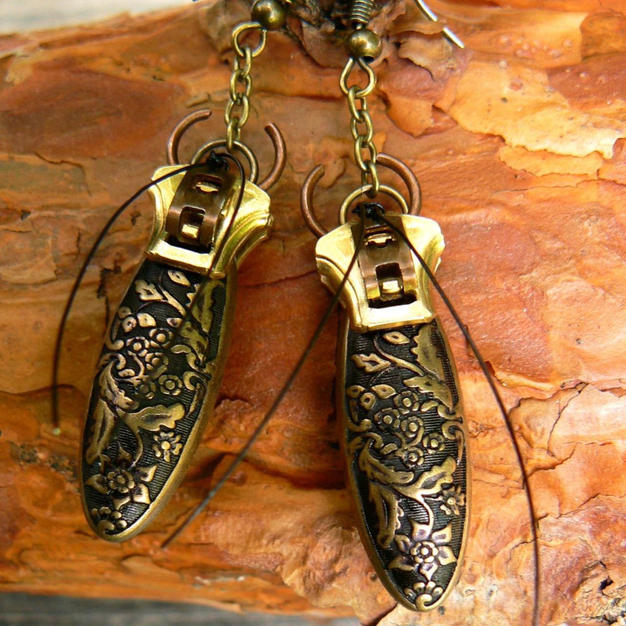 Steampunk Earrings - Zipper Earrings - Dangle Earrings - Beetle Earrings
