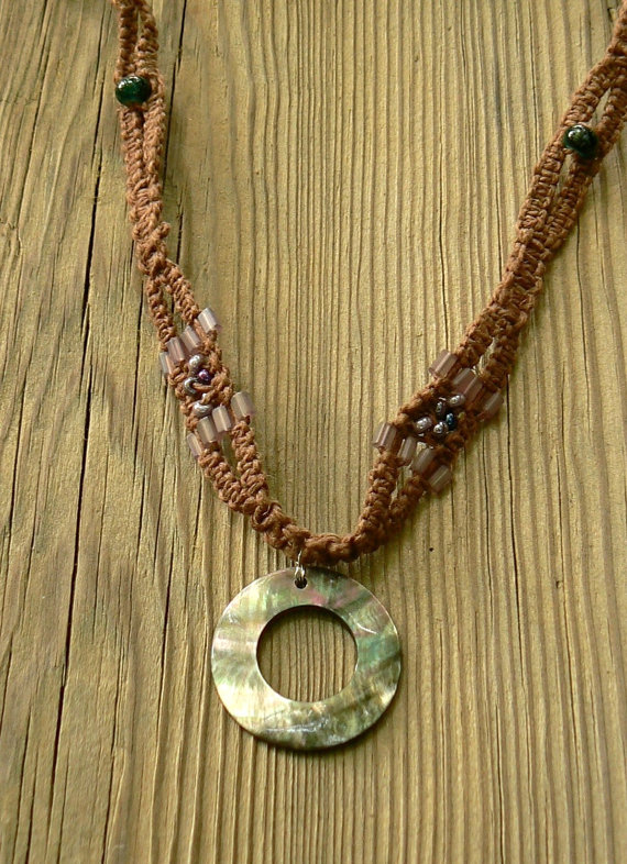 Extra Long Macrame Hemp Necklace With A Mother Of Pearl Pendant