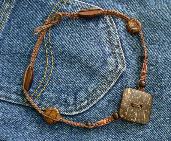 Hand-knotted Hemp Necklace With Wooden Button Pendant
