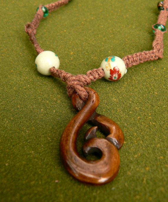 Knotted Hemp Necklace With Twisted Wooden Pendant